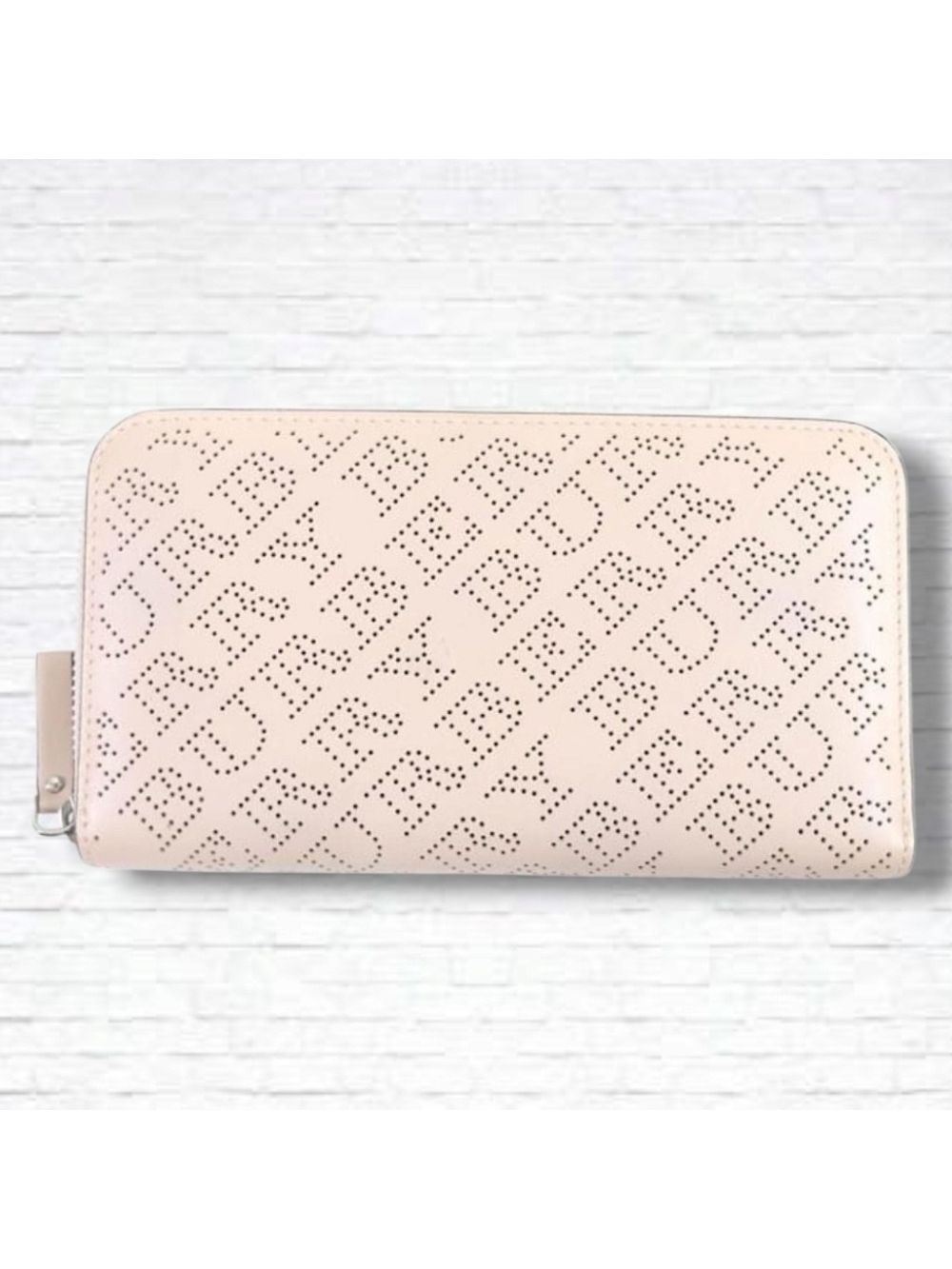 Burberry Calfskin Pale Fawn Pink Perforated Logo Zip Around Continental Wallet